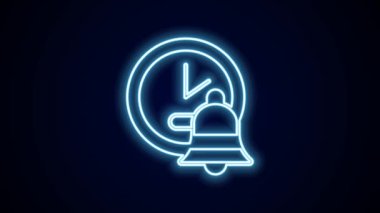 Parlayan neon hattı alarm saati simgesi siyah arkaplanda izole edildi. Uyan, kalk konsepti. Zaman işareti. 4K Video hareketli grafik canlandırması.