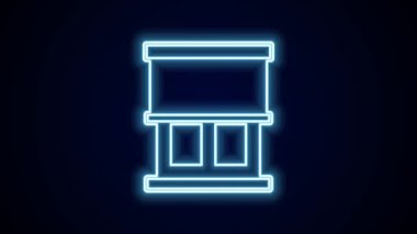 Siyah arkaplanda izole edilmiş oda simgesinde perdeleri olan parlak neon çizgisi penceresi. 4K Video hareketli grafik canlandırması.