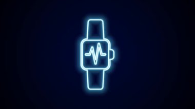 Parlak neon çizgisi. Siyah arkaplanda kalp atış hızı simgesini gösteren akıllı saat. Fitness uygulaması konsepti. 4K Video hareketli grafik canlandırması.