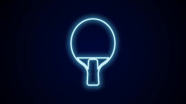 Masa tenisi ikonunu çalmak için parlayan neon hattı raketi siyah arkaplanda izole edildi. 4K Video hareketli grafik canlandırması.