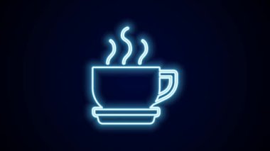 Parlayan neon hattı kahve fincanı simgesi siyah arka planda izole edilmiş. Çay fincanı. Sıcak içecek kahvesi. 4K Video hareketli grafik canlandırması.
