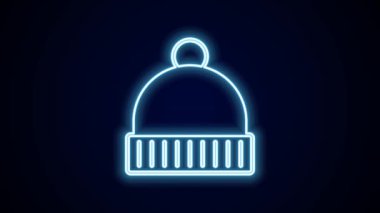 Parlayan neon hattı kış şapkası simgesi siyah arkaplanda izole edildi. 4K Video hareketli grafik canlandırması.