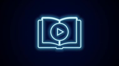 Parlayan neon hattı Ses kitabı simgesi siyah arkaplanda izole edildi. Oynat ve kaydet. Ses rehberi işareti. Çevrimiçi öğrenme kavramı. 4K Video hareketli grafik canlandırması.