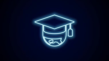 Siyah arkaplanda izole edilmiş dünya ikonuna parlak neon çizgisi mezuniyet kapağı. Dünya eğitim sembolü. Çevrimiçi öğrenme ya da e-öğrenme kavramı. 4K Video hareketli grafik canlandırması.