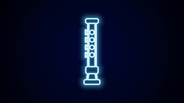 发光的霓虹灯线长笛图标孤立在黑色背景 音乐乐器 4K视频运动图形动画 — 图库视频影像