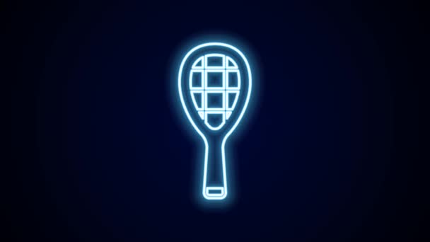 发光的霓虹灯线网球球拍图标孤立在黑色背景 运动器材 4K视频运动图形动画 — 图库视频影像