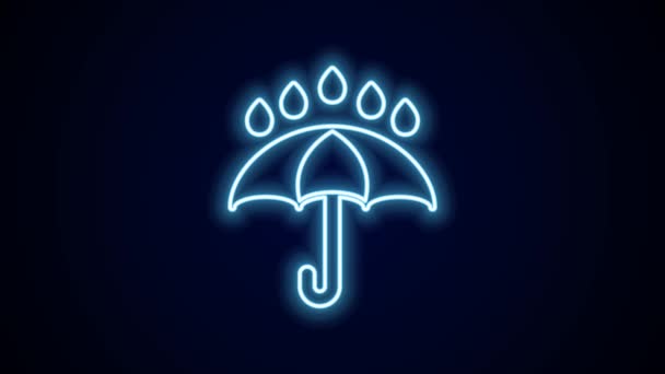 Zářící Neonová Čára Deštník Ikona Kapky Deště Izolované Černém Pozadí — Stock video