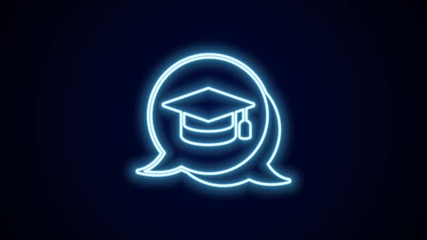 ネオンラインの輝き黒い背景に隔離された音声バブルアイコンの卒業キャップ タッセルアイコンで卒業帽子 4Kビデオモーショングラフィックアニメーション — ストック動画
