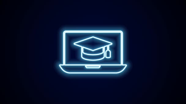 屏幕笔记本电脑图标上明亮的霓虹灯线毕业帽 黑色背景隔离 在线学习或电子学习的概念 4K视频运动图形动画 — 图库视频影像