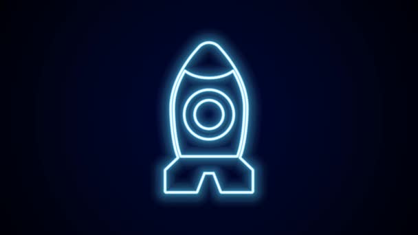 ネオンラインを光るロケット船のおもちゃのアイコンは黒の背景に隔離されています 宇宙旅行 4Kビデオモーショングラフィックアニメーション — ストック動画