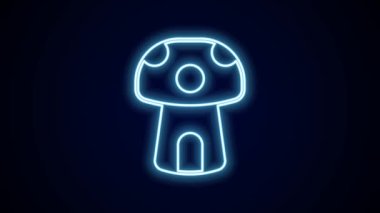 Parlayan neon hattı fantezi mantar evi ikonu siyah arka planda izole edildi. Peri masalı evi. 4K Video hareketli grafik canlandırması.