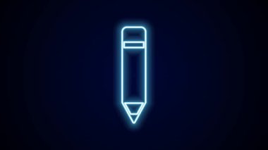 Siyah arkaplanda silgi simgesi olan parlak neon çizgili kalem. Çizim ve eğitim araçları. Okul sembolü. 4K Video hareketli grafik canlandırması.