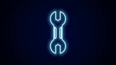 Parlayan neon çizgi anahtarı simgesi siyah arkaplanda izole edildi. Anahtar tamir aleti. Servis aracı sembolü. 4K Video hareketli grafik canlandırması.