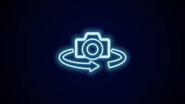 Parlayan neon hattı 360 derece görüntü simgesi siyah arkaplanda izole edildi. Sanal gerçeklik. 360 derecelik açıyla. Panorama fotoğrafı. 4K Video hareketli grafik canlandırması.