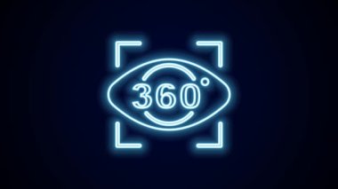 Parlayan neon hattı 360 derece görüntü simgesi siyah arkaplanda izole edildi. Sanal gerçeklik. 360 derecelik açıyla. Panorama fotoğrafı. 4K Video hareketli grafik canlandırması.