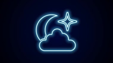 Parlayan neon hattı Ay ve yıldız simgesi siyah arkaplanda izole edildi. Bulutlu gece işareti. Uyku rüyalarının sembolü. Dolunay. Gece ya da yatak zamanı tabelası. 4K Video hareketli grafik canlandırması.