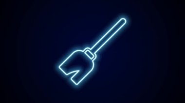 Parlayan neon hattı cadı süpürgesi simgesi siyah arka planda izole edildi. Mutlu Cadılar Bayramı Partisi. 4K Video hareketli grafik canlandırması.