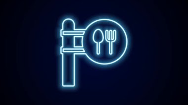 Parlayan neon hattı Kafe ve restoran konumu simgesi siyah arka planda izole edildi. Noktanın içinde çatal ve kaşık yeme işareti var. 4K Video hareketli grafik canlandırması..