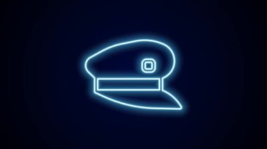 Parlayan neon hattı tren şoförü şapkası simgesi siyah arkaplanda izole edildi. 4K Video hareketli grafik canlandırması.