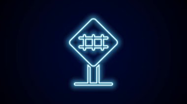 Parlayan neon hattı demiryolu geçiş ikonu siyah arka planda izole edildi. Demiryolu tabelası. 4K Video hareketli grafik canlandırması.