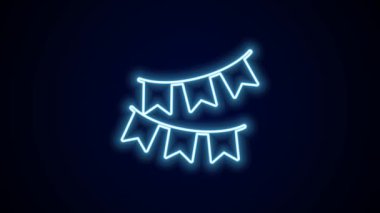 Siyah arkaplanda bayrak simgesi olan parlak neon çizgili karnaval çelengi. Doğum günü kutlaması için parti flamaları, festival dekorasyonu. 4K Video hareketli grafik canlandırması.
