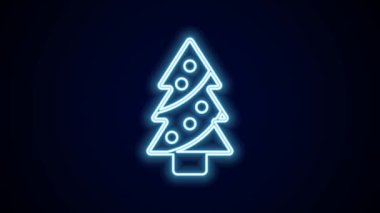 Siyah arka planda izole edilmiş dekorasyon simgesi olan parlak neon çizgili Noel ağacı. Mutlu Noeller ve mutlu yıllar. 4K Video hareketli grafik canlandırması.