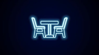 Siyah arka planda izole edilmiş sandalye ikonu olan parlak neon çizgili ahşap masa. 4K Video hareketli grafik canlandırması.