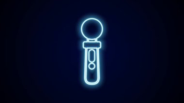 Parlayan neon hattı VR denetleyici oyun simgesi siyah arkaplanda izole edildi. Sanal gerçeklik deneyimi, mevcudiyet hissi, konum takip teknolojisi cihazı. 4K Video hareketli grafik canlandırması.