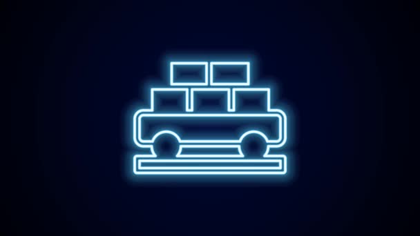 Gloeiende Neon Lijn Vrachtwagen Pictogram Geïsoleerd Zwarte Achtergrond Volledige Goederenwagen — Stockvideo