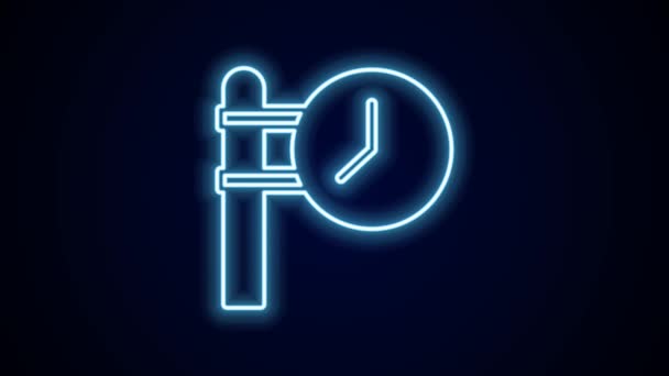 Glowing Neon Line Train Station Clock Icon Isolated Black Background — Stock Video