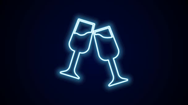 Glödande Neon Line Glas Champagne Ikon Isolerad Svart Bakgrund God — Stockvideo