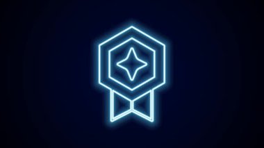 Siyah arkaplanda izole edilmiş madalya ikonu ile parlayan neon çizgi oyunu derecesi. Oyun için seviye sonuçları. 4K Video hareketli grafik canlandırması.