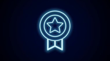 Siyah arkaplanda izole edilmiş madalya ikonu ile parlayan neon çizgi oyunu derecesi. Oyun için seviye sonuçları. 4K Video hareketli grafik canlandırması.
