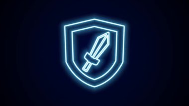 Siyah arkaplanda izole edilmiş oyun simgesi için parlayan neon çizgisi Kılıç. 4K Video hareketli grafik canlandırması.