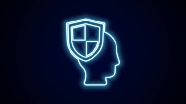 Siyah arka planda izole edilmiş kalkan ikonu ile parlayan neon hattı hayat sigortası. Güvenlik, güvenlik, koruma, konsept koruma. 4K Video hareketli grafik canlandırması.