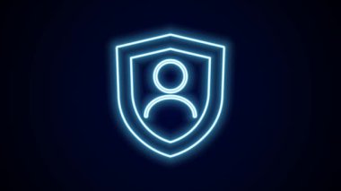 Siyah arka planda izole edilmiş kalkan ikonu ile parlayan neon hattı hayat sigortası. Güvenlik, güvenlik, koruma, konsept koruma. 4K Video hareketli grafik canlandırması.