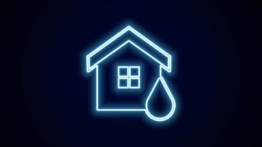 Parlayan neon hattı ev sel ikonu siyah arka planda izole edildi. Suyun altındaki evi sel basıyor. Sigorta konsepti. Güvenlik, güvenlik, koruma, konsept koruma. 4K Video hareketli grafik canlandırması.