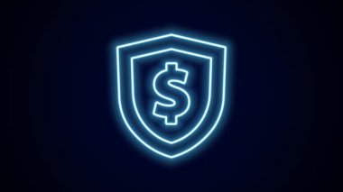 Siyah arkaplanda dolar sembolü olan parlak neon hattı kalkanı. Güvenlik kalkanı koruması. Para güvenliği konsepti. 4K Video hareketli grafik canlandırması.