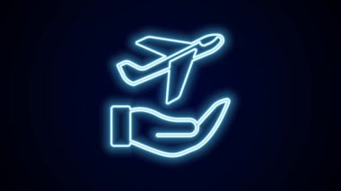 Parlayan neon çizgisi düzlemdeki el simgesi siyah arkaplanda izole edildi. Uçan uçak. Uçak sigortası. Güvenlik, güvenlik, koruma, konsept koruma. 4K Video hareketli grafik canlandırması.