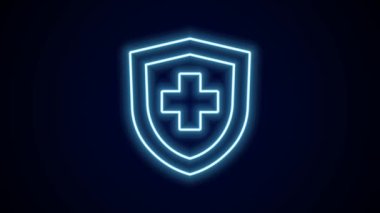 Siyah arka planda izole edilmiş kalkan ikonu ile parlayan neon hattı hayat sigortası. Güvenlik, güvenlik, koruma, konsept koruma. 4K Video hareketli grafik canlandırması.