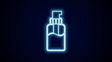 Parlayan neon hattı siyah arkaplanda izole edilmiş sıvı antibakteriyel sabun. Dezenfeksiyon, hijyen, cilt bakımı. 4K Video hareketli grafik canlandırması.