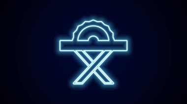 Siyah arka planda izole edilmiş çelik dişli disk simgesi ile parlayan neon çizgisi elektrikli testere. Tahta ya da metal kesmek için elektrikli el aleti. 4K Video hareketli grafik canlandırması.