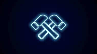Parlayan neon hattı siyah arka planda izole edilmiş çekiç simgesini çaprazladı. Tamir için bir araç. 4K Video hareketli grafik canlandırması.