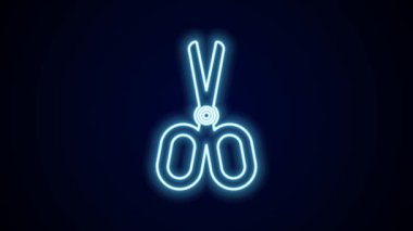 Parlayan neon hattı makas simgesi siyah arkaplanda izole edildi. Terzi sembolü. Alet kesme işareti. 4K Video hareketli grafik canlandırması.