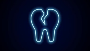 Parlayan neon çizgisi. Kırık diş simgesi siyah arka planda izole edilmiş. Diş problemi ikonu. Diş sağlığı sembolü. 4K Video hareketli grafik canlandırması.