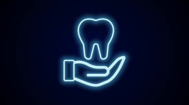 Parlayan neon çizgisi Diş simgesi siyah arkaplanda izole edildi. Diş hekimliği kliniği veya diş hekimliği merkezi ve diş macunu paketi için diş sembolü. 4K Video hareketli grafik canlandırması.