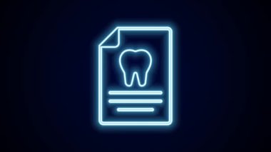 Diş kartı ya da hasta tıbbi kayıtları ikonu olan parlak neon çizgili pano siyah arkaplanda izole edilmiş. Diş sigortası. Diş sağlığı kliniği raporu. 4K Video hareketli grafik canlandırması.