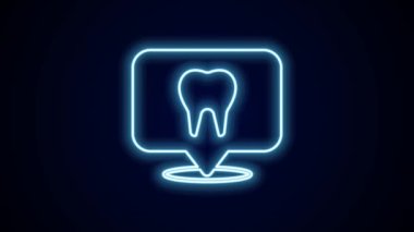 Parlayan neon hattı diş sağlığı kliniği konumu simgesi siyah arkaplanda izole edildi. 4K Video hareketli grafik canlandırması.