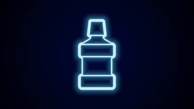 Parlayan neon hattı ağız gargarası plastik şişe ikonu siyah arka planda izole edilmiş. Ağzını çalkalamak için sıvı. Ağız bakım ekipmanları. 4K Video hareketli grafik canlandırması.