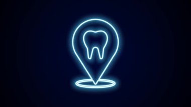 Parlayan neon hattı diş sağlığı kliniği konumu simgesi siyah arkaplanda izole edildi. 4K Video hareketli grafik canlandırması.